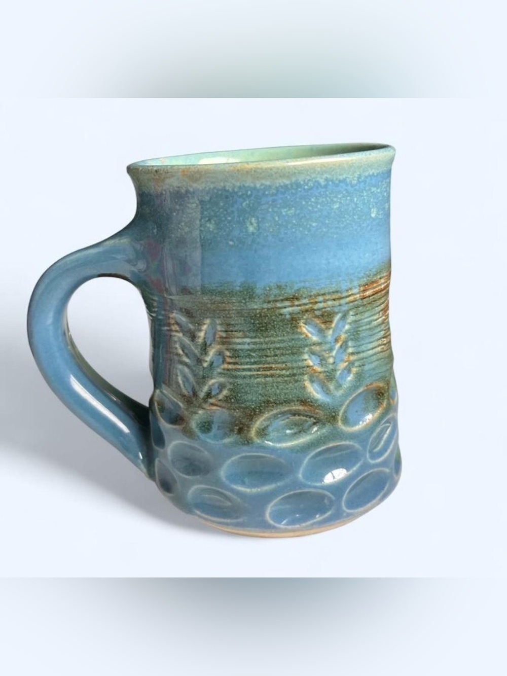 Signed Handmade Green Pottery Mug Leaf Motif Artisan Ceramic Coffee Cup - Picture 5 of 9